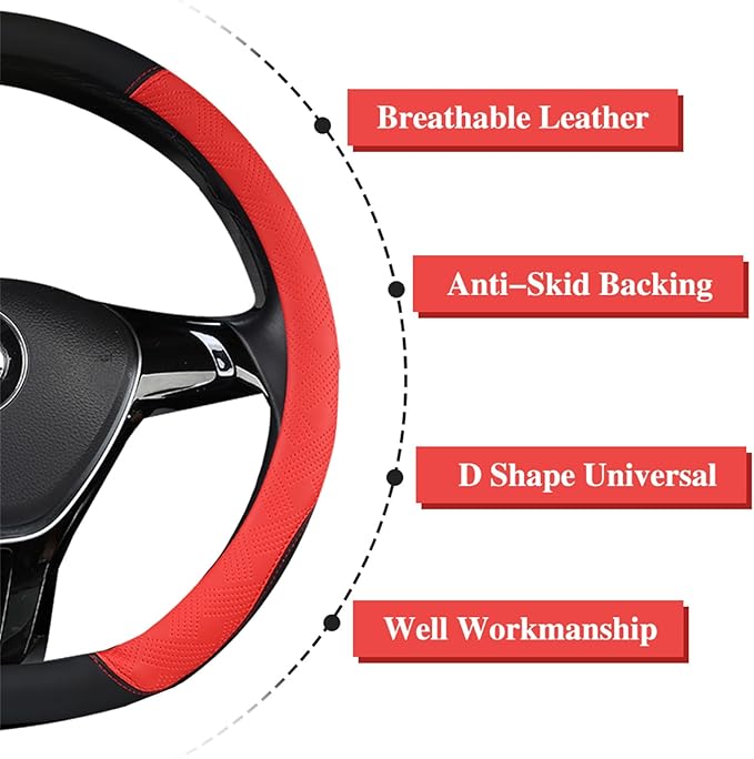 D Shape Steering Wheel Cover - Microfiber Leather D Type, Breathable Anti-Slip Flat Bottom Shaped Steering Wheel Cover for Women & Men, 15 inch (RED)