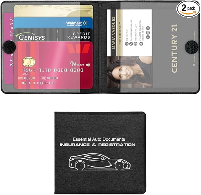 Car Registration and Insurance Holder, 2 Pack Auto Glove Box Organizer with Magnetic Shut, Automotive Essential for Driver License and Cards, Universal for SUV Truck Motorcycle (Black)