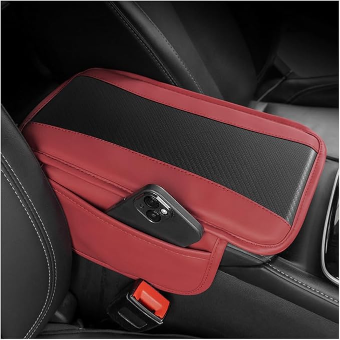 Mandark Car Center Console Cover with 2 Storage Bags, Auto Interior Arm Rest Storage Box Pad Accessories, Carbon Fiber Leather Vehicle Armrest Cushion, Universal for SUV, Truck, RV (Red)