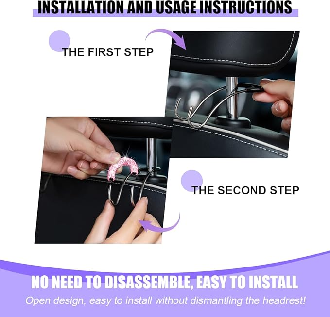 Bling Car Headrest Hook, 2PCS Crystal Rhinestone Vehicle Seat Purse Bag Organizer Hanger, Diamond Automotive Backseat Storage Holder Hook Accessories, Universal for SUV Truck Van (Pink)
