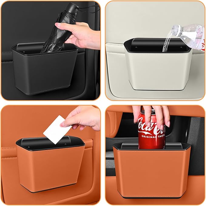 Car Trash Can, Small Waterproof Vehicle Trash Bin Garbage Container for Door Backseat, Multi-Purpose Automotive Interior Trash Bag Storage Organizer, Universal for Most Vehicles (Beige)