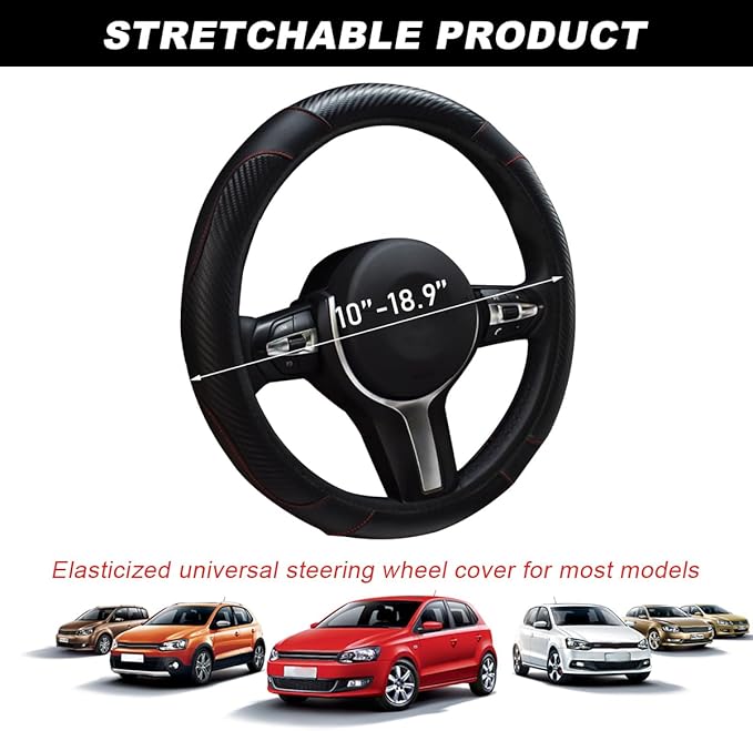 Car Steering Wheel Cover, 15 Inch Carbon Fiber Leather Stitching Color Steering Wheel Protector, Anti-Slip Elastic Breathable Steering Wheel Cover Stylish Decor for Most Cars (Black)