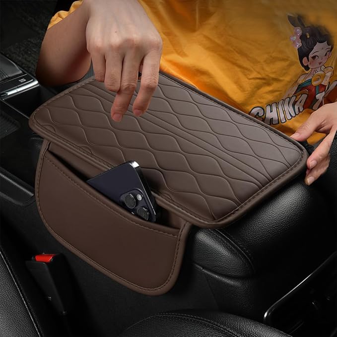 Car Center Console Cover, Leather Vehicle Armrest Seat Box Pad Cushion with 2 Storage Bags, Automotive Interior Arm Rest Protector Accessories, Universal for SUV, Sedan, Truck (Coffee)