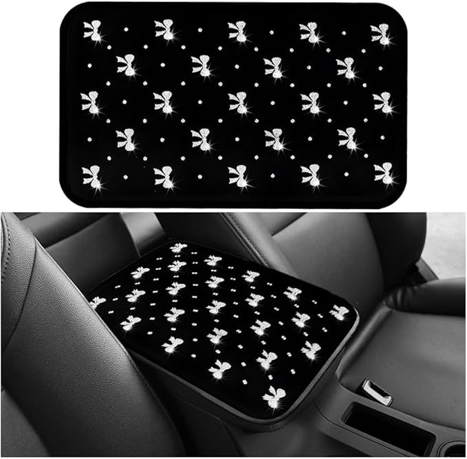 Car Center Console Cover, Waterproof Leather Bow Ribbon Vehicle Arm Rest Pad, Comfortable Automotive Interior Seat Box Armrest Protection Cushion Accessories, Universal Fit (Silver)
