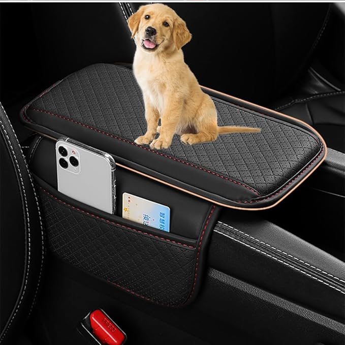 Cxtiy Upgraded Car Center Console Cover,Microfiber Leather Car Armrest Cover Cushion with 2 Storage Bags,Universal Car Armrest Storage Box Car Interior Accessories for Most Vehicles (Black-red)