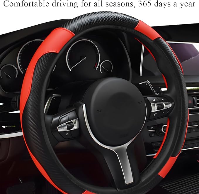 Elastic Car Steering Wheel Cover, Microfiber Leather Carbon Fiber Vehicle Steering Wheel Protector, Steering Wheel Cover with Anti-Slip Lining, Black+Red Interior Accessory