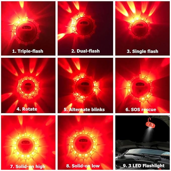 Ecoangel USB Rechargeable LED Road Flares Emergency Lights-Roadside Warning Car Safety Beacon Flashing Disc Flare Kit with Magnetic Base for Vehicles & Boat | 6 Beacon Disc Pack
