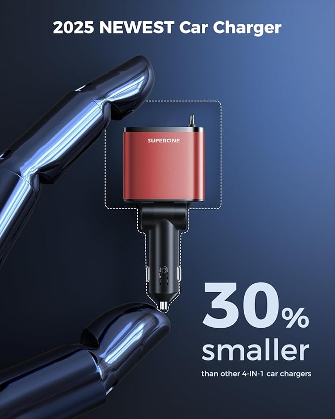 [2024 Upgraded] 4 in 1 Retractable Car Charger, SUPERONE Smaller Fast Car Phone Charger 69W with Cord, USB C and iPhone Car Charger Adapter, Compatible iPhone 17/17 Pro Max/16/15/14/13/12/11, Sumsung