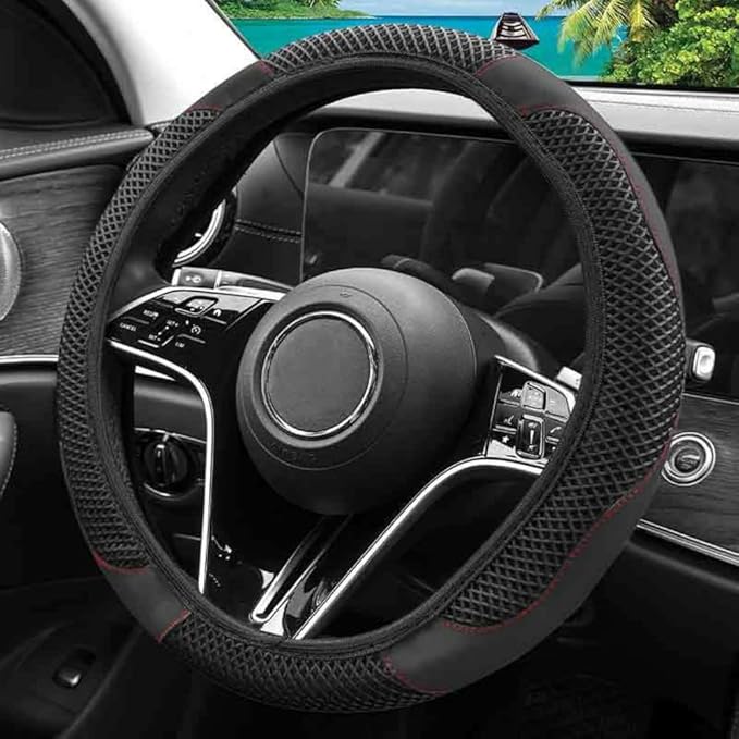 Elastic Stretch Steering Wheel Cover, Warm in Winter and Cool in Summer, Universal 15 inch Microfiber Breathable Ice Silk Anti Slip Car Interior Accessories, Odorless, (Black)