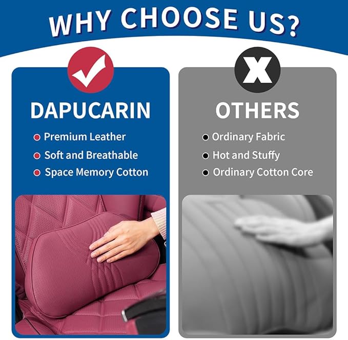 Dapucarin Lumbar Support Pillow for Car Seat, Office Chair Nappa Leather Memory Foam Lower Back Cushion for Back Pain Relief Improve Posture, Ergonomic Back Rest for Gaming Chair, Red, 1PC