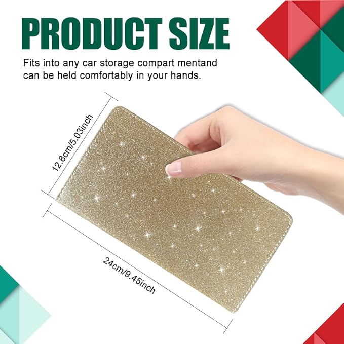 Vehicle Glove Box Car Organizer, Car Registration and Insurance Holder, Insurance Card Holder for Cars, Leather Card Holder Interior Auto Accessories for Women (Glitter-Gold)