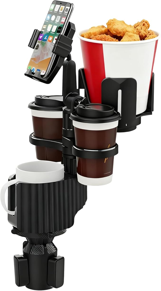Car Cup Holder Expander， 5in1 Cupholder Expande with 2.3" to 3.6",Cup Holder Tray for Car Detachable with Large Food Tray Phone Mount, for Travel Auto Trucker Road Trip Essentials