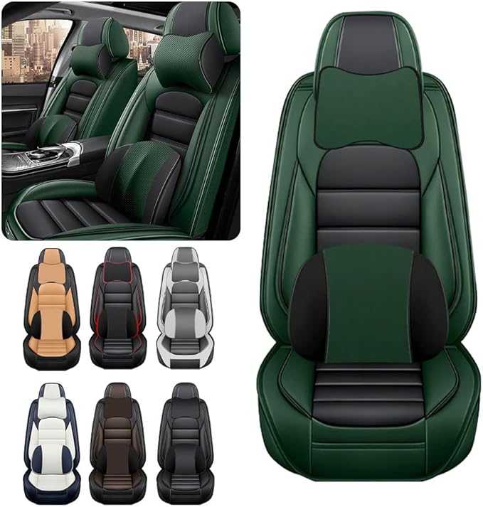 Iceleather Luxury Car Seat Covers for Ford Edge 2007-2025,Waterproof Soft Breathable PU Leather Seat Cover with Storage Pockets(Black&Green,Front Set with Pillow)