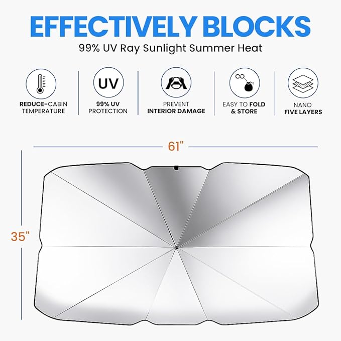Andalus Brands Windshield Sun Shade for Cars, SUVs & Trucks – Foldable Umbrella Sun Visor for Car, Heat & UV Protector with Storage Pouch (Large (61x35 inch))