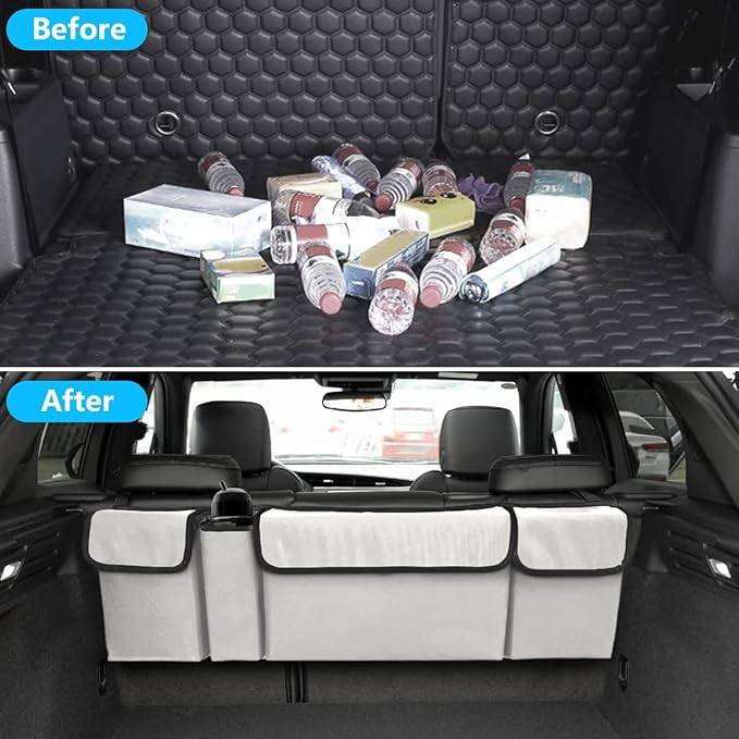 Car Trunk Organizer, Collapsible Large Capacity Auto Backseat Hanging Storage Bag with Adjustable Strap & 4 Pockets, Space Saving Car Back Seat Cargo Bag, Universal for Vehicles (White)