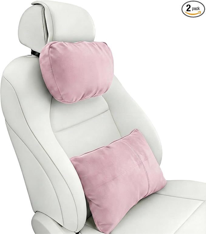 2PCS Car Pillow for Car Neck Pillow for Driving Seat Leather Neck Support Soft Cushion Back Support Head-Rests for Vehicle Sleeping with Elastic Adjustment Strap (Light Pink, Head and Lumbar)