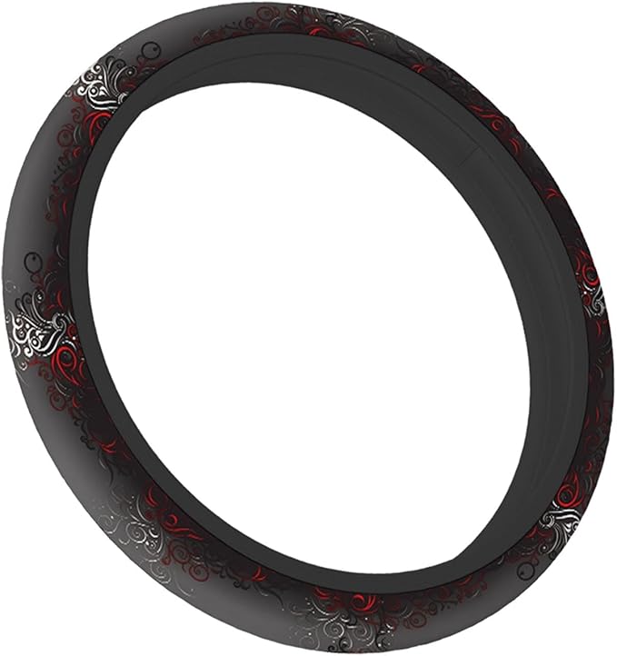 Swono Car Steering Wheel Covers Red Black Floral Beautiful Floral at The Border Creative Design Universal for Women Girls Soft Neoprene Anti-Slip Car Accessories for Most Sedan Van SUV