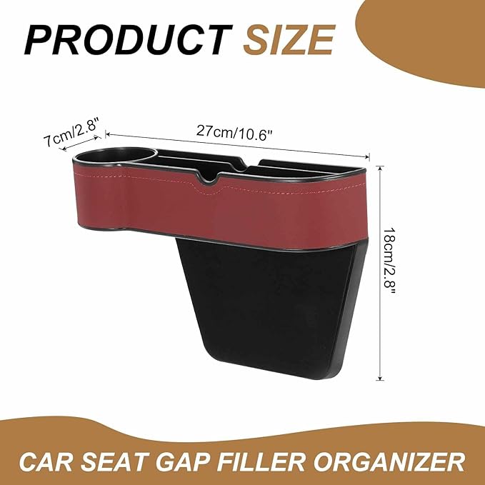 HARFINGTON Car Seat Gap Filler Organizer 10.6 x 7.1 x 2.8 Inch ABS+Leather Universal Car Organizer Storage Box Between Seat and Console (Left) with Cup Holders for Phone Keys, Wine Red