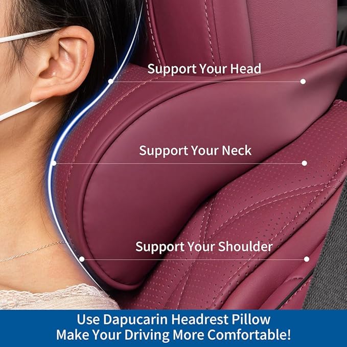 Dapucarin Car Headrest Memory Foam Neck Pillow for Driving with Leather Cover Soft Comfortable Seat Head Pillow Cushion for Most Cars SUV Sedan Home Office Red (1PC)