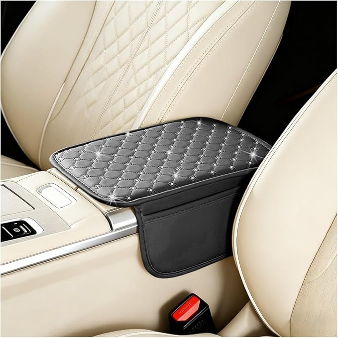 Car Center Console Cover, Leather Vehicle Armrest Storage Box Protector with 2 Storage Bags, Automotive Interior Middle Console Cushion Pad, Universal for SUV Sedan Truck (Black)