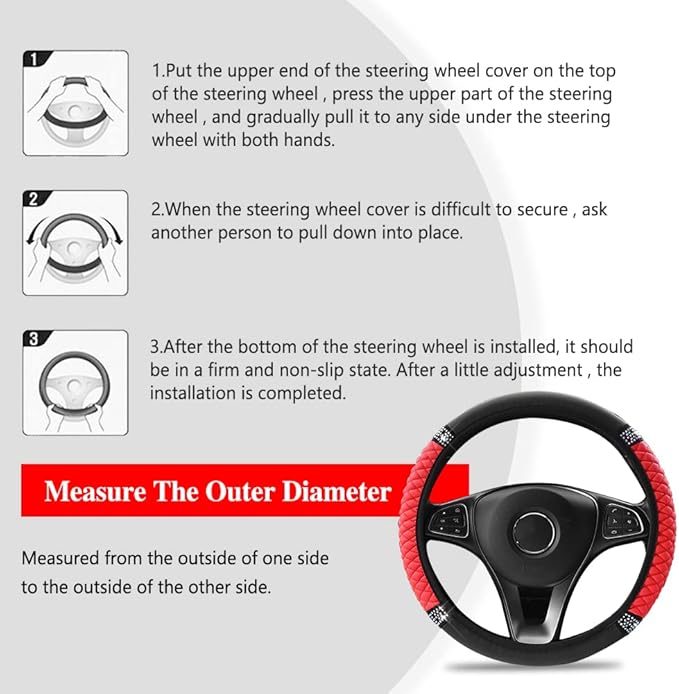 Bling Soft Leather Steering Wheel Cover, Anti-Slip Car Steering Wheel Protector, 15 Inch Rhinestones Soft Leather Elastic Steering Wheel Protector for Women Girls, Car Accessories for Most Cars