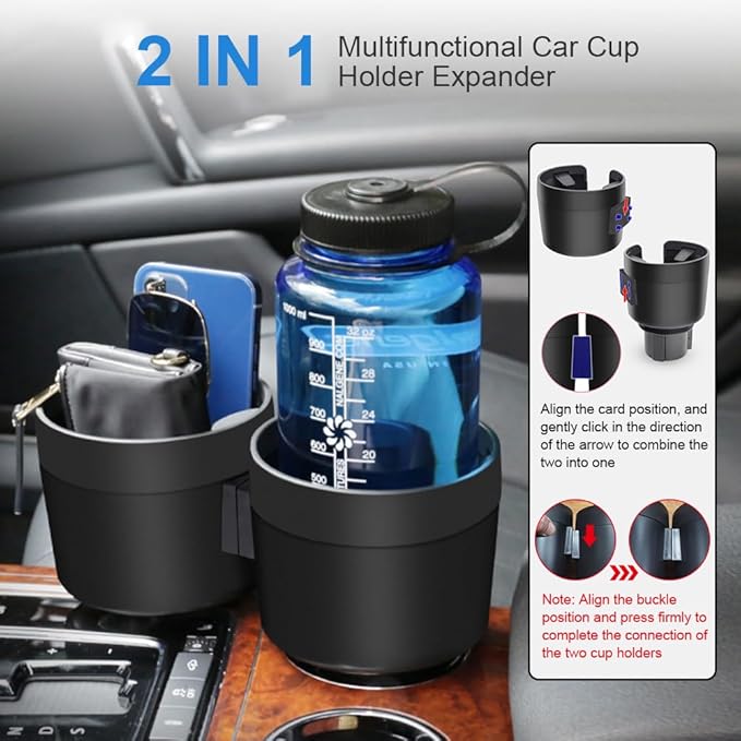 JINKEY Dual Cup Holder Expander for Car, 2 in 1 Multifunctional Large Car Cup Holder Expander Adapter with Adjustable Base, All Purpose Car Cup Holder for Bottles Cups Drinks Snack Organizer Grey
