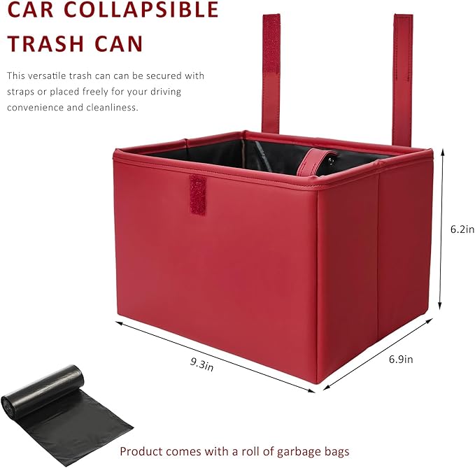 Car Trash Bin, Foldable Leather Auto Rubbish Can with Reinforced Bottom & Trash Bags, Waterproof Hanging Garbage Can Backseat Storage Box for Most Vehicles, Car Accessories (Red)