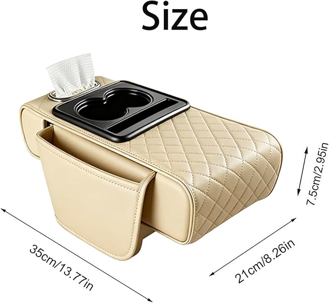 AHFBF Multifunctional Pu Leather Car Armrest Box Mat, Armrest Box Pad for Car, Leather Car Armrest Box Pad with Cup Holders, Car Armrest Box Mat, 5-in-1 Car Center Console Cover (Beige)