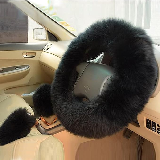 15inches Universal Leather Car Steering Wheel Cover Car Accessories Colorful Fuzzy Steering Wheel Cover Gear Shift Cover Handbrake Cover (Black)