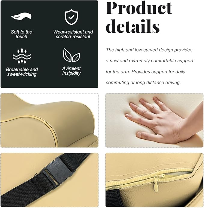 Car Center Console Cover, Soft Memory Foam Auto Arm Rest Pillow with Phone Holder Storage Bag, Waterproof Leather Armrest Seat Box Protector Comfy Cushion Pad for Most Cars (Beige)