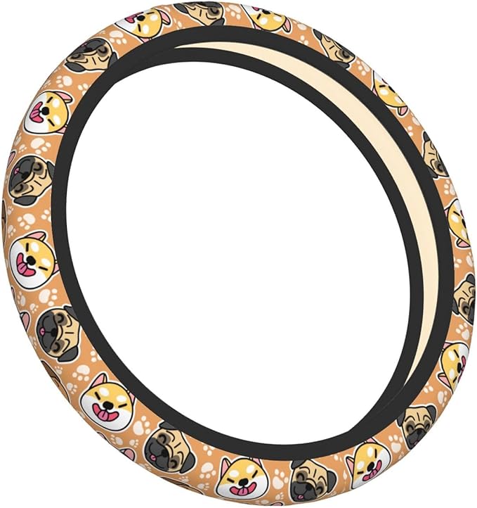 Cute Dog Print Neoprene Steering Wheel Cover Anti-Slip Elastic Pet Face Steering Wheel Protective Cover 15in Universal Car Accessories Fit Cars, SUVs, Auto