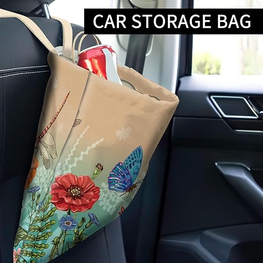 Car Trash Can, Cute Car Trash Bag, Hanging Car Organizer and Storage Bag, Trash Bin for Car Accessories, Vehicle, Travelling, Camping Beige Blue Butterfly Pattern