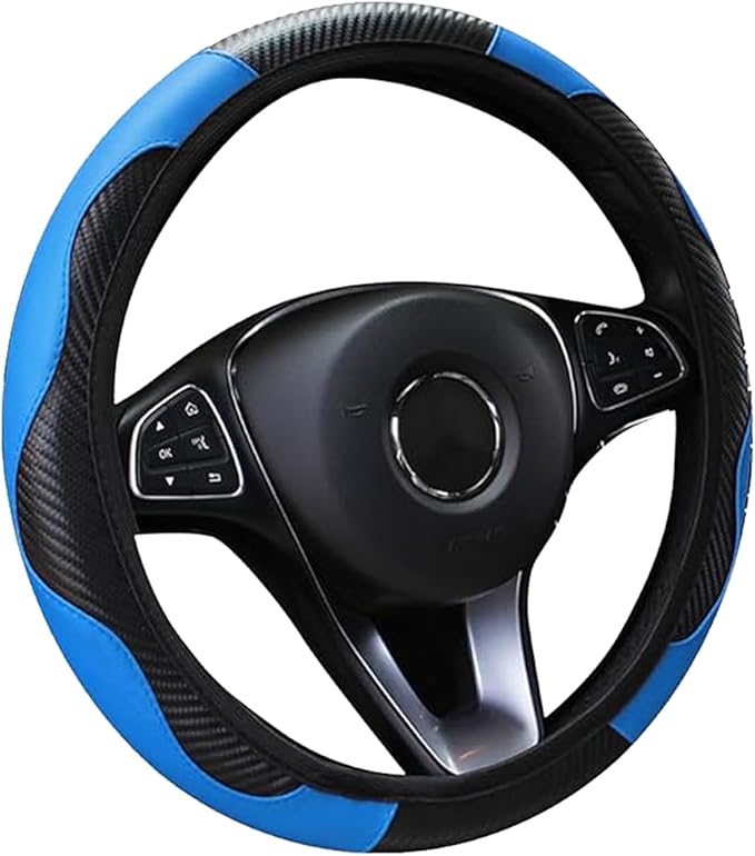 Car Steering Wheel Cover, 15 inch Carbon Fiber Microfiber PU Leather Elastic Steering Wheel Protector for Men Women, Anti-Slip Breathable Car Interior Accessories for Most Cars (Blue)