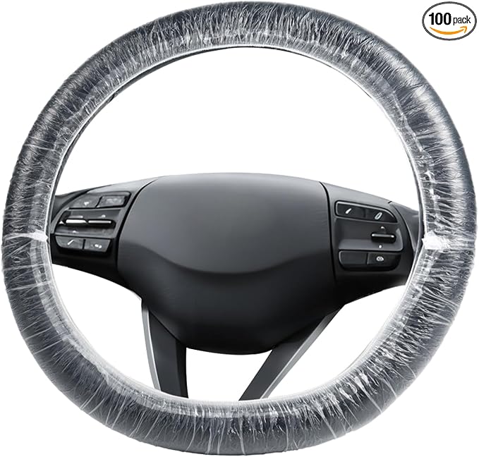 100Pcs Disposable Car Steering Wheel Covers, Universal Plastic Steering Wheel Protector with Elastic, Automotive Interior Protection Accessories for Most Vehicle Models