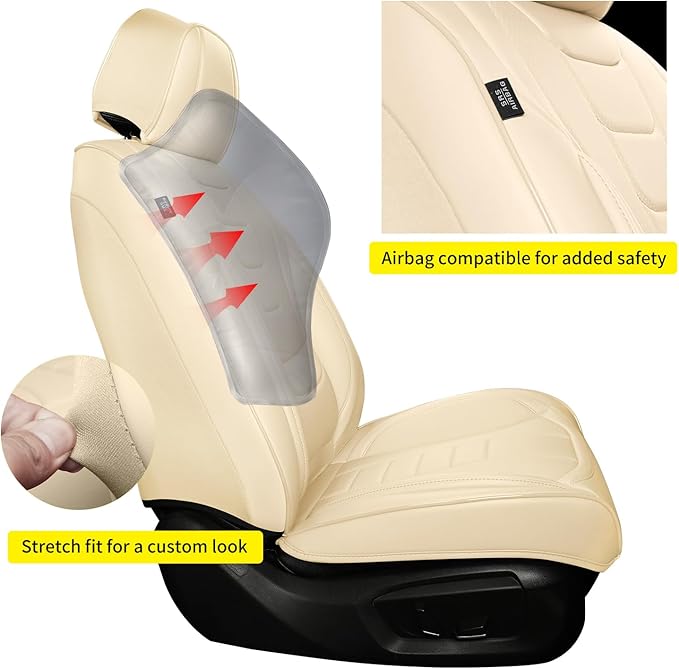 Gripure Car Seat Covers for Full Set – Waterproof & Breathable Faux Nappa Leather, 360° Wrap Design, Airbag Compatible, Lumbar Support, Perfect for Drivers Who Sweat-Breathable Design. – Beige