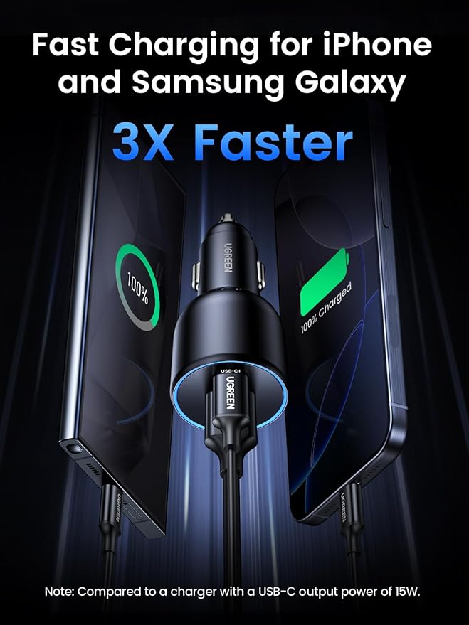 UGREEN 130W USB C Car Charger, Type C Car Charger Adapter Compatible with iPhone 17 17 Air 17 Pro 17 Pro Max 16 16 Plus 16 Pro 16 Pro Max 15 14 13 12, Galaxy S24 S23 Ultra, iPad, MacBook, and More
