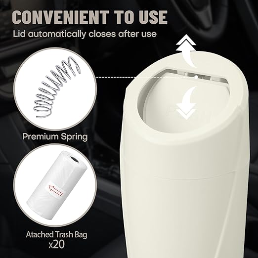 SGLRT Car Trash Can Bin with Lid - Car Garbage Can Cup Holder - Light Beige Mini Leakproof Vehicle Garbage Bin with 40pcs Trash Bags-Automotive Organizers and Storage for Front Back Seat Accessories