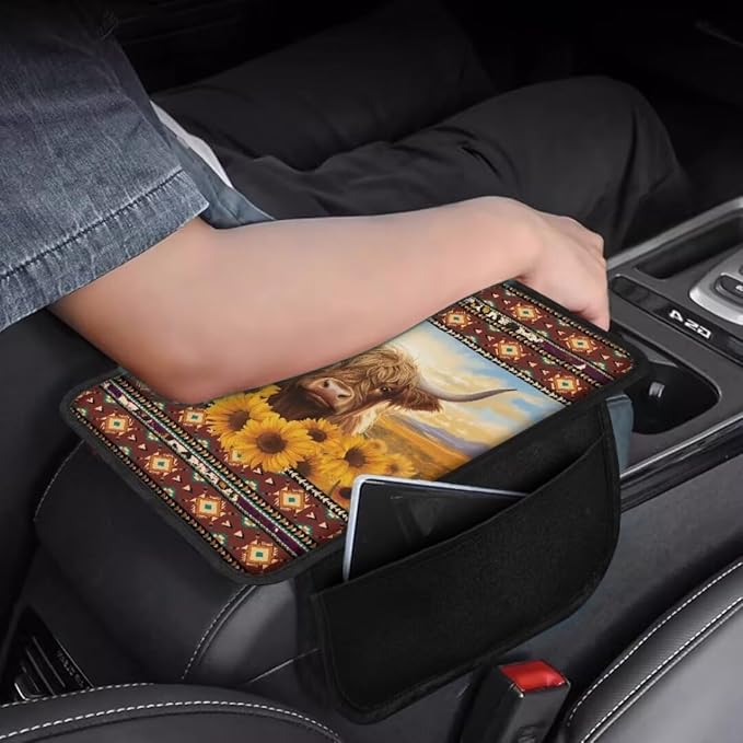 Boatee Highland Cow Sunflower Center Console Cover for Car Arm Rest Mat Armrest Pad for Car Console Organizer Auto Console Cushion Pad Arm Rest Box Pad Car Interior Protcetor Stylish Decor Brown