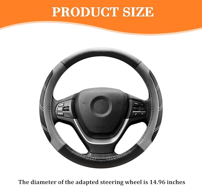 Car Steering Wheel Cover, 14.5-15" Non-Slip Leather Sporty Vehicle Steering Wheel Protector, Breathable Auto Interior Decoration Accessories, Universal for Van Truck Sedan (Black/Gray)