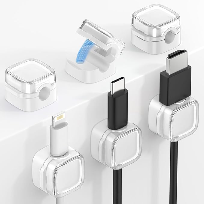 MoKo 6 Pack Magnetic Cable Clips, Under Desk Cable Management, Adhesive Magnetic Cord Holder, Magnetic Cord Organizer Wire Holder Keeper Organizer for Nightstand Desk Office Car Wall Glass, White