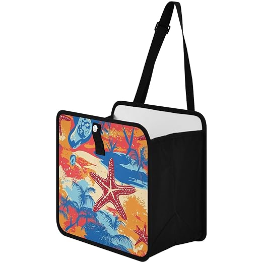 Car Trash Can Organizer Bin with Adjustable Strap for Back Front Seat Console Waterproof Leakproof Collapsible Portable 11 Inch Bright Summer Beach Starfish and Palm Tree