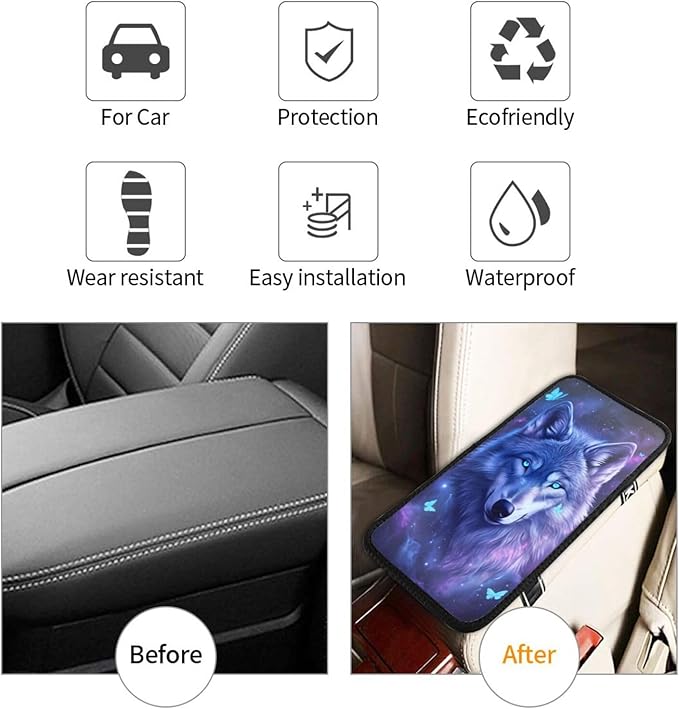 Universal Car Center Console Cushion Pad, Purple Wolf Butterfly Soft Waterproof Car Center Console Cover Auto Armrest Seat Box Cover Protector for Most Vehicle SUV Truck Car