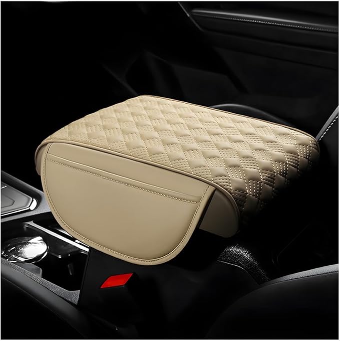 Car Armrest Cushion, 12.6"×8.7" Waterproof Leather Center Console Cover with Pocket, Auto Comfortable Memory Foam Middle Console Elbow Pillow Cushion Pad, Car Accessories (Beige)