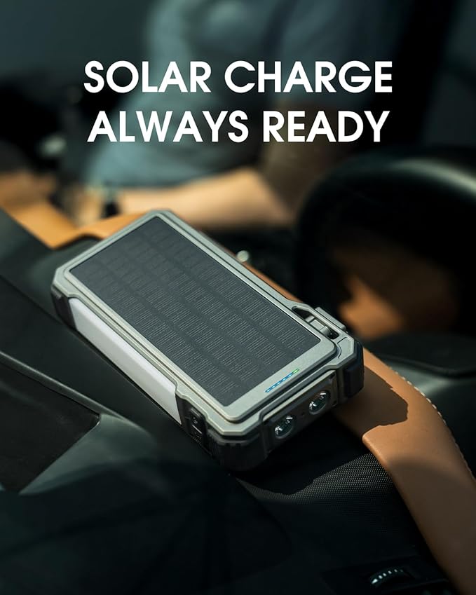 Solar Jump Starter, 5000A Peak 12V Car Battery Jump Starter for Up to 10.0L Gas & 6.0L Diesel Engines, Jumper Cables & Solar Power Bank, Car Accessories & Gift for Men, Husband, Dad, Gray