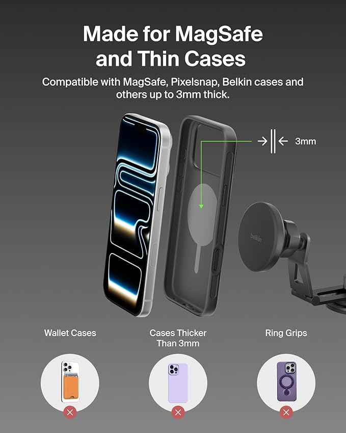 Belkin Wireless Car Charger, Magnetic Wireless Phone Mount for EV w/ 1M USB C Cable, Qi2 MagSafe Compatible Fast Charging for iPhone 17, Galaxy S25, Pixel 10, & More - Travel Accessories - Black