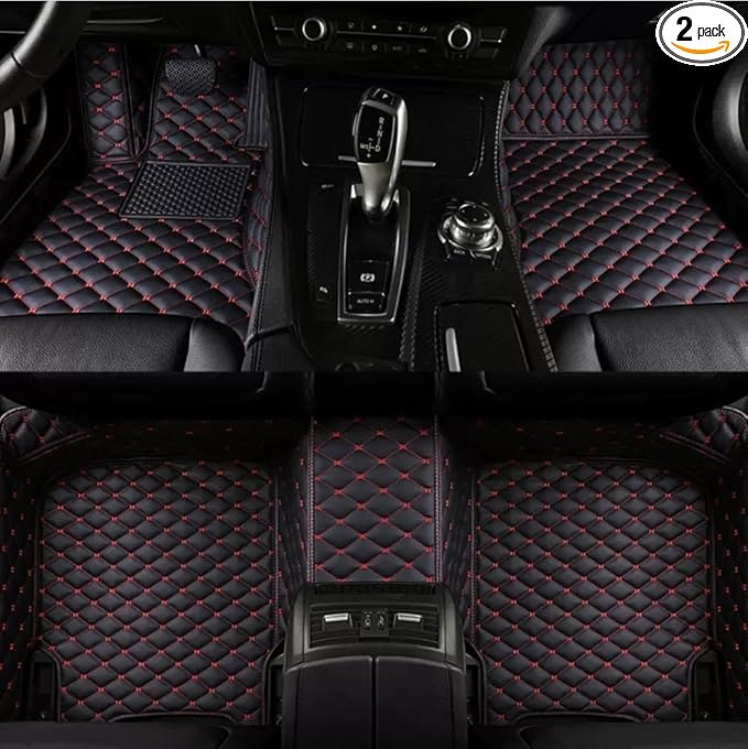 Custom Car Floor Mats Fit 96% Car Model Luxury Leather Waterproof Anti-Skid Full Coverage Liner Front Rear Mat/Set (Black Red Line)
