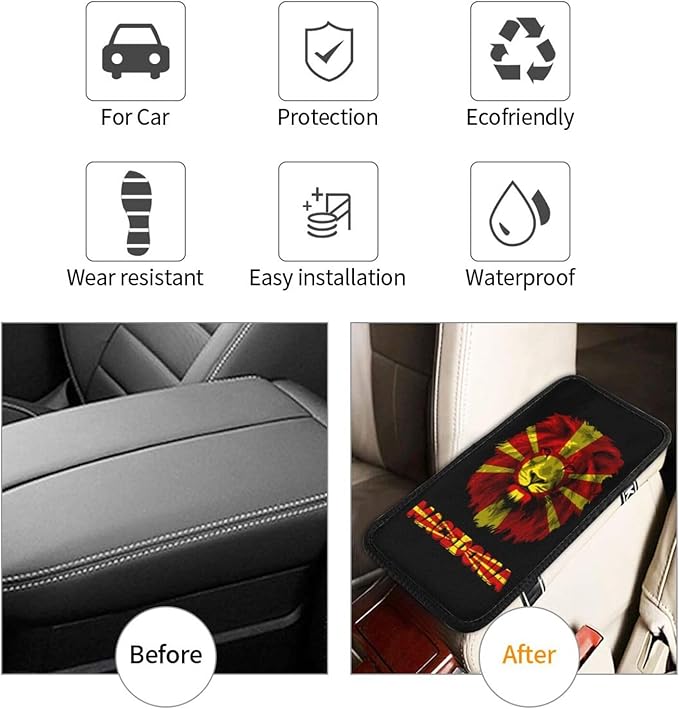 Vintage Macedonia Macedonian Flag Lion Head Auto Center Console Armrest Cover Car Handrail Box Cushion Pad Mat Universal Fit Most Vehicle Sedan Truck SUV Soft Comfort Decor Accessories