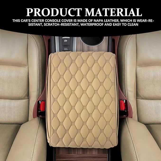 Upgraded Car Center Console Cover, Armrest Cover for Car, Waterproof Leather Auto Armrest Cover Protector with 2 Pocket, Comfortable Arm Rest Box Cushion Pad for Vehicles, Trucks (Beige)
