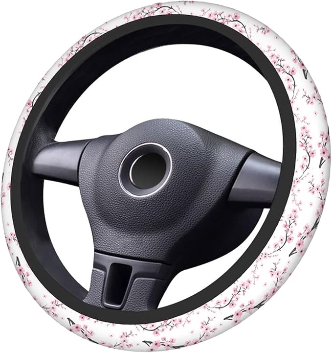 Swono Steering Wheel Cover for Men Women Watercolor Flower Branch of Cherry Blossom Flower Pink Universal 15 Inch Anti-Slip Odorless Breathable Car Wheel Protector