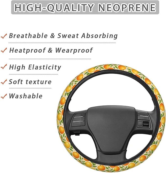 FeHuew Watercolor Oranges Leaves Steering Wheel Cover for Women, Girls 15 inch Universal Auto Car Anti Slip Wrap Steering Wheel Covers Fit for Vehicles, Truck, SUV